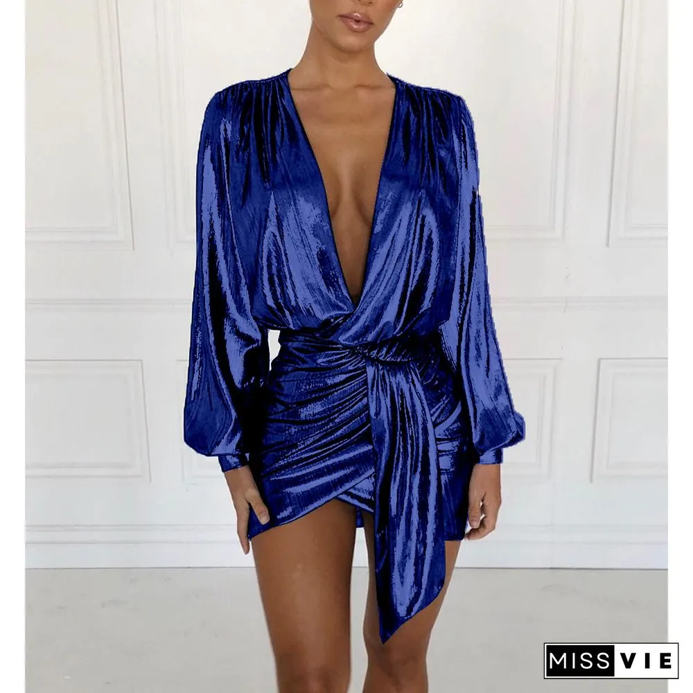 Gilding Deep V-neck Zipper Sexy Skirt Nightclub Dress