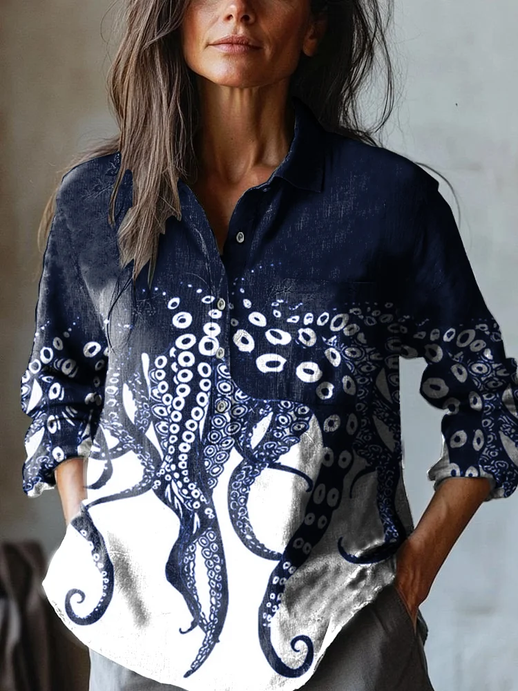 Women's Japanese Octopus Art Print Casual Cotton and Linen Shirt