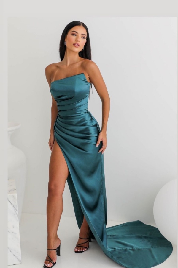 Elegant Teal Strapless Satin Thigh-High Split Prom Dress With Asymmetric Draping | ZT0160