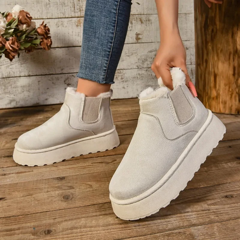 2025 Winter Women Short Plush Warm Snow Boots Casual Shoes  New Suede Fur Chelsea Ankle Boots Flats Platform Ladies Shoes Botas