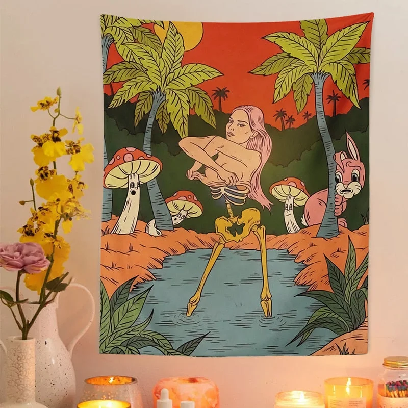Psychedelic Skull Tapestry Wall Hanging mushroom girl rabbit sun Tapestries Human Skeleton Home Decor Accessories Room Dorm