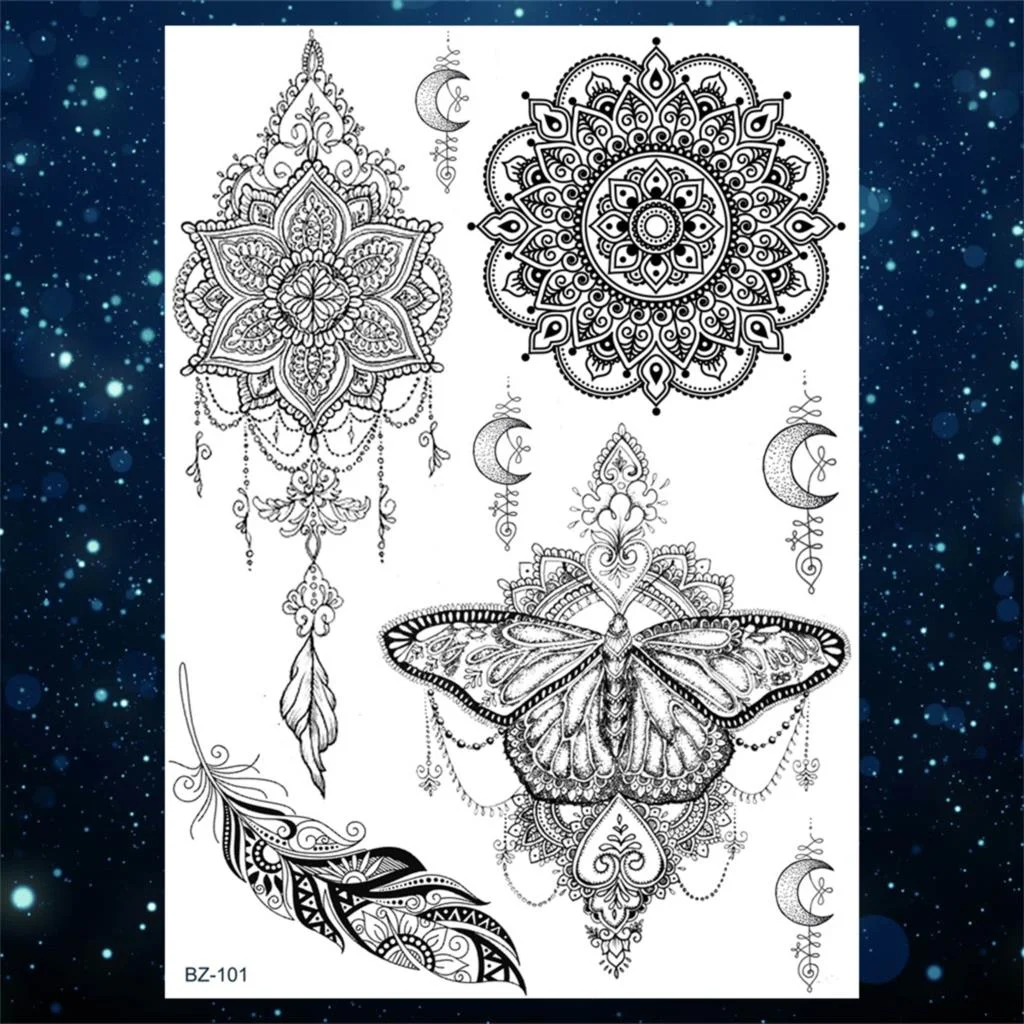 Sdrawing Henna Temporary Tattoos For Women Girls Feather Butterfly DreamCatcher Fake Gem Tattoo Sticker Chest Arm Tatoos Tribal