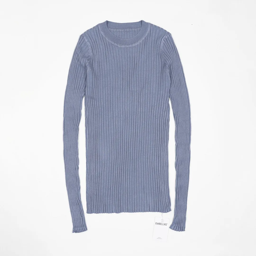 Women Sweater Pullover Basic Ribbed Sweaters Cotton Tops Knitted Solid Crew Neck With Thumb Hole