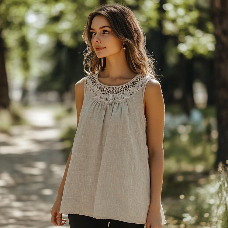 Women's Lace Embroidery Linen Sleeveless Top
