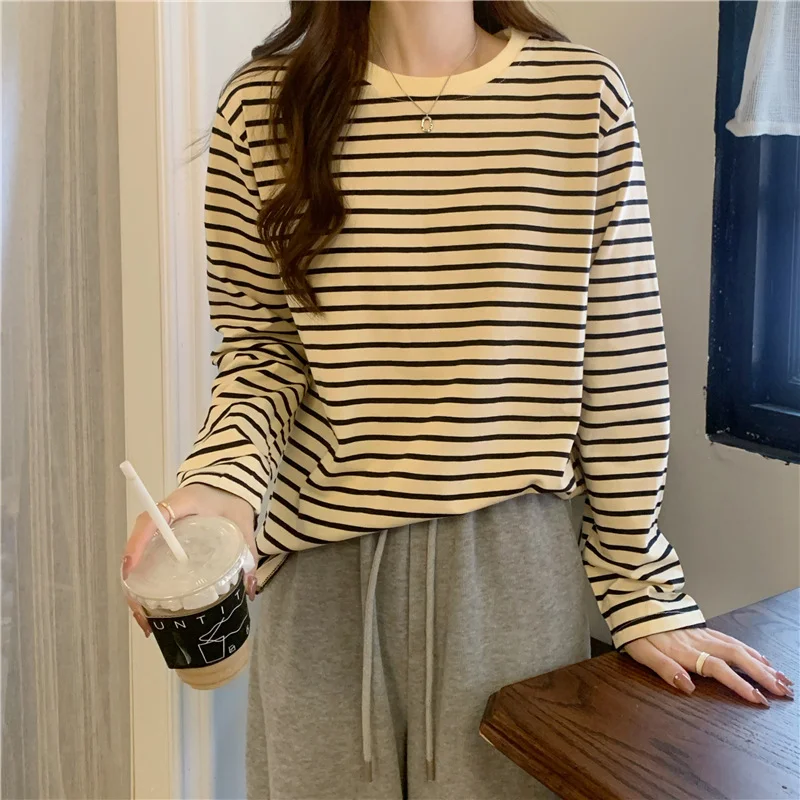 Brownm Brownm Collar Long-Sleeved T-Shirt Women's 2023 Autumn Dress New Loose And Thin Striped Undershirt Casual Inside Top