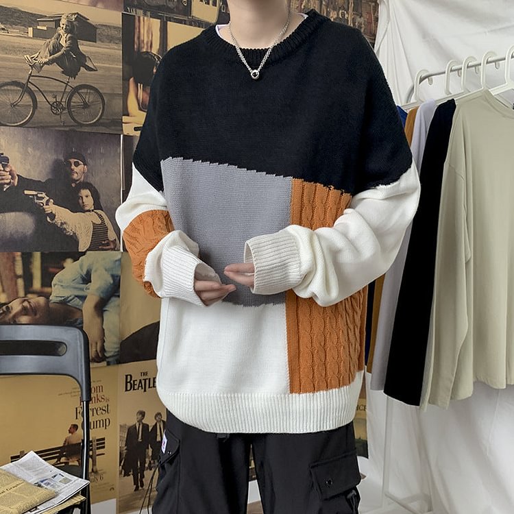 Autumn Stitching Knitwear Sweater for Men and Women Loose Outer Wear Crew Neck Sweater plus Size Loose Men Sweaters