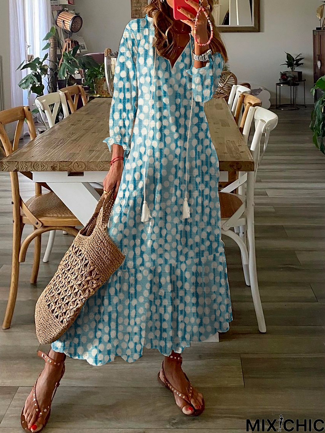 Polka Dots Printed Long Sleeve Casual Dress