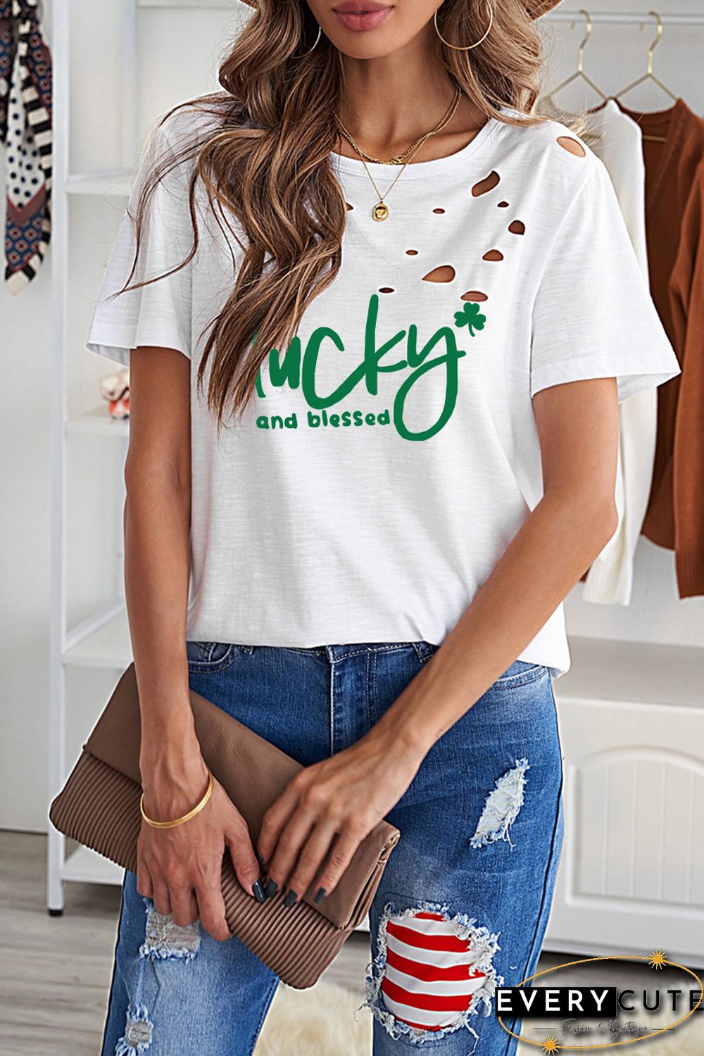White Distressed lucky and blessed Graphic Tee
