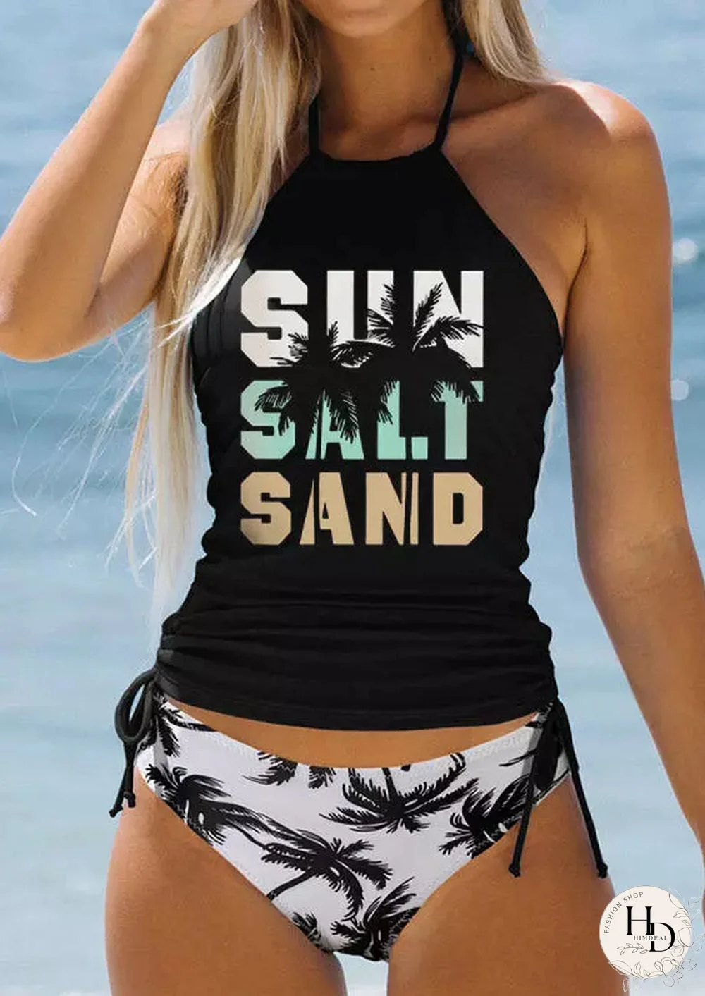 Sun Salt Sand Coconut Tree Halter Tankini Set - Black