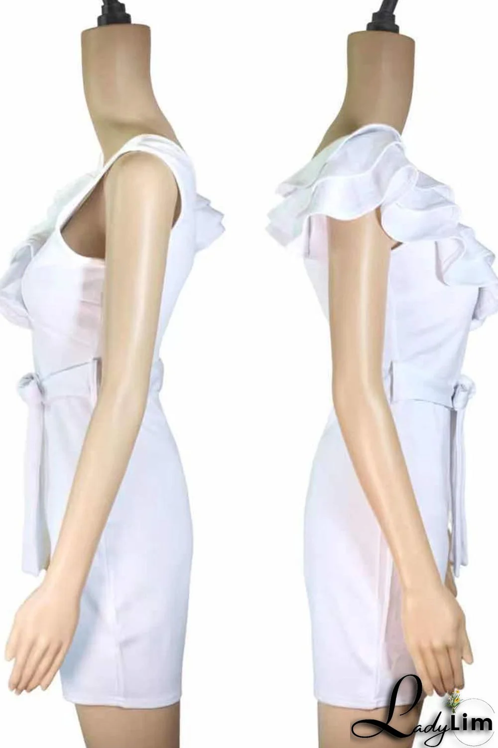 White Casual Solid Bandage Patchwork Flounce Oblique Collar Regular Jumpsuits
