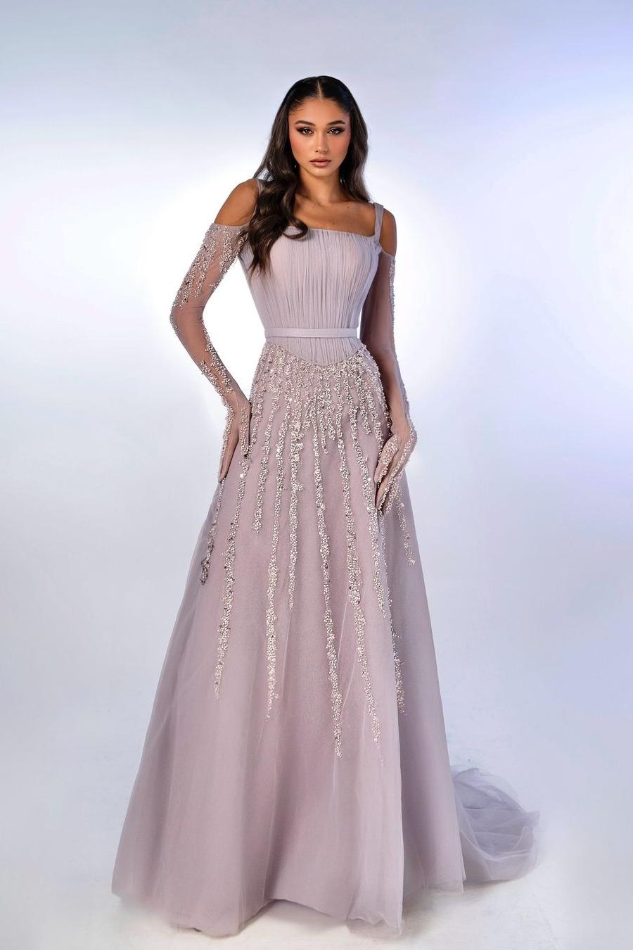 Charming Lilac Spaghtti Strap Chiffon Long Sleeves Prom Dress with Sequins | MS0237
