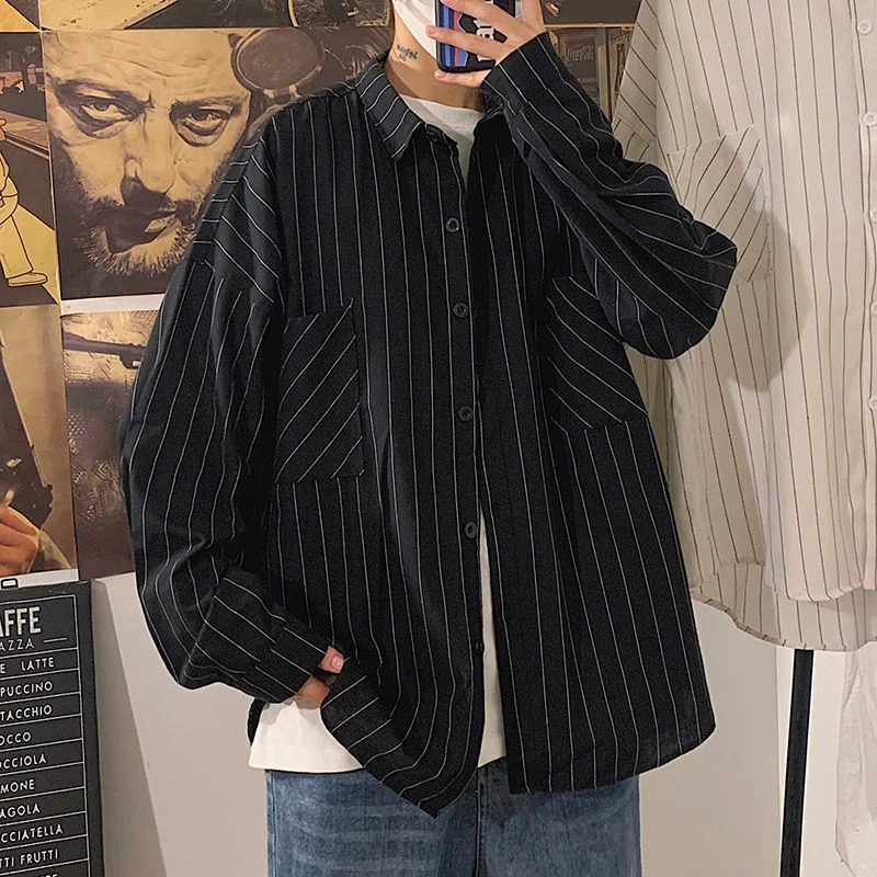 Privathinker Black White Striped Men's Shirts 2021 Harajuku Men Casual Long Sleeve Shirt Tops Streetwear Man Oversized Blouse