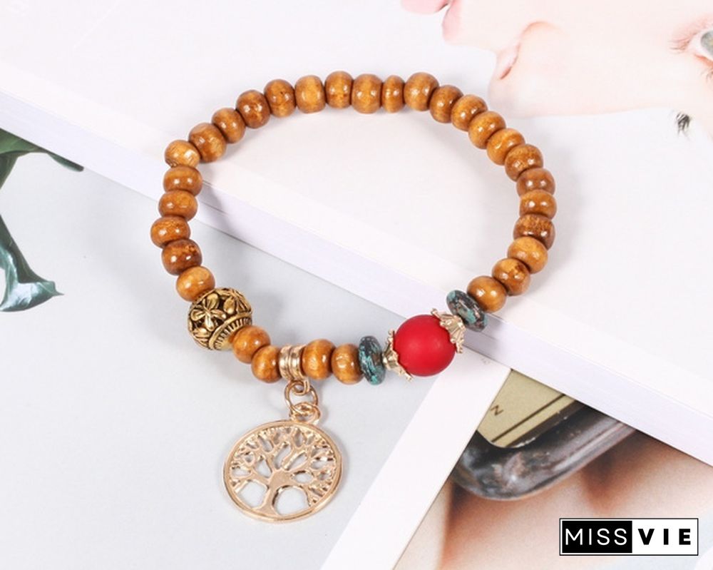 4pcs/set Wooden Beads Bracelet Multicolor Women Boho Bangles With Hollow-out Pendant