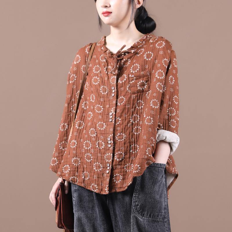 VCSHOES brown print top silhouette o neck Button Down Dresses blouses
