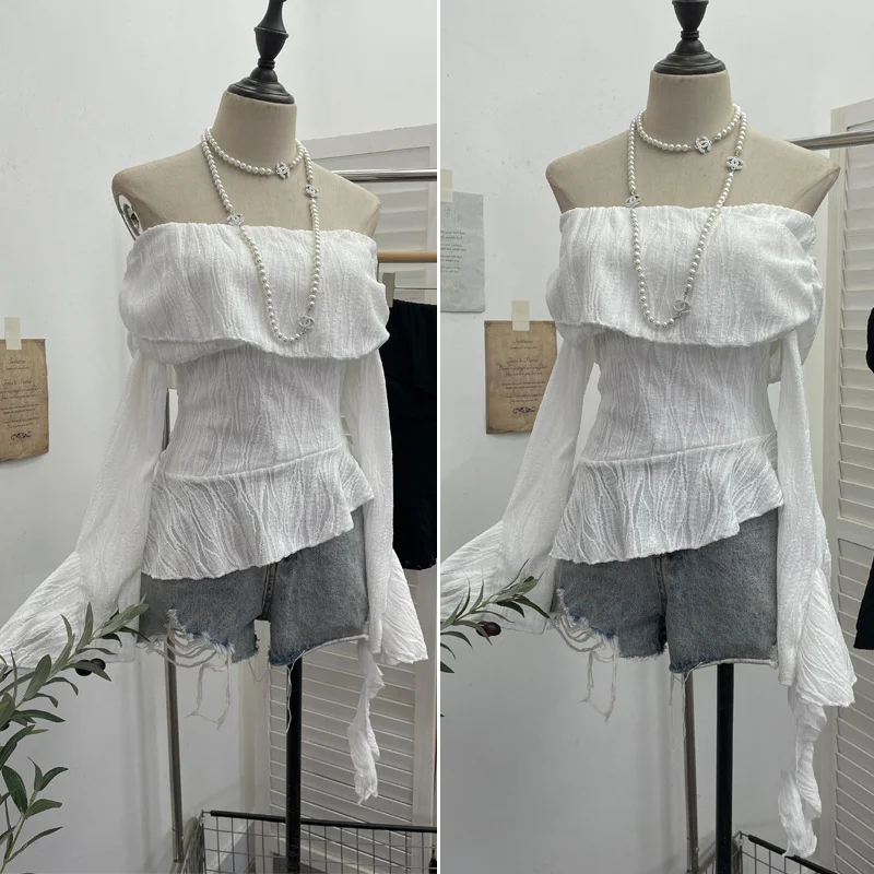 Uveng The Ballet Style Shoulder Fold Texture Texture Coat Irregularly Ribbon Horn Sleeve Short Shirt 1158