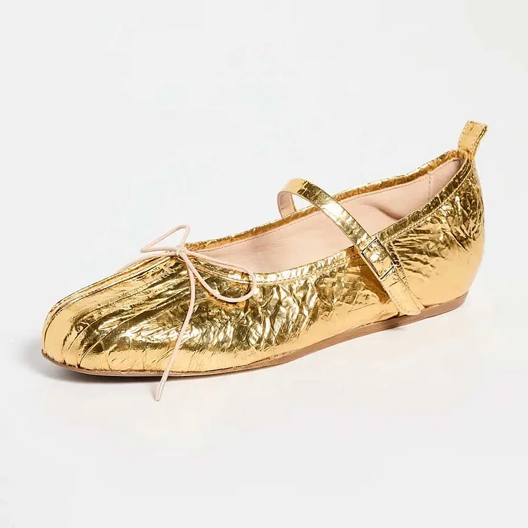 Gold Crinkled Metallic Finish Pleated Round Toe Bow Ballet Flats |FSJ Shoes