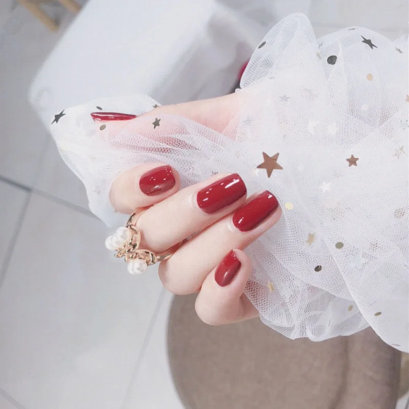 24pcs With 2g Glue  Red false nail tips Square Medium Length Detachable faux nails  Manicure Artificial Nail Patches fake nails-Nail Inspo