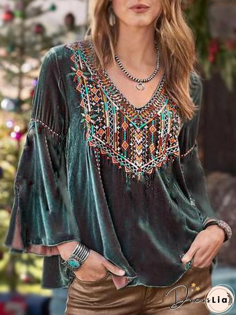 V Neck Split Joint Printed Pagoda Sleeve Top