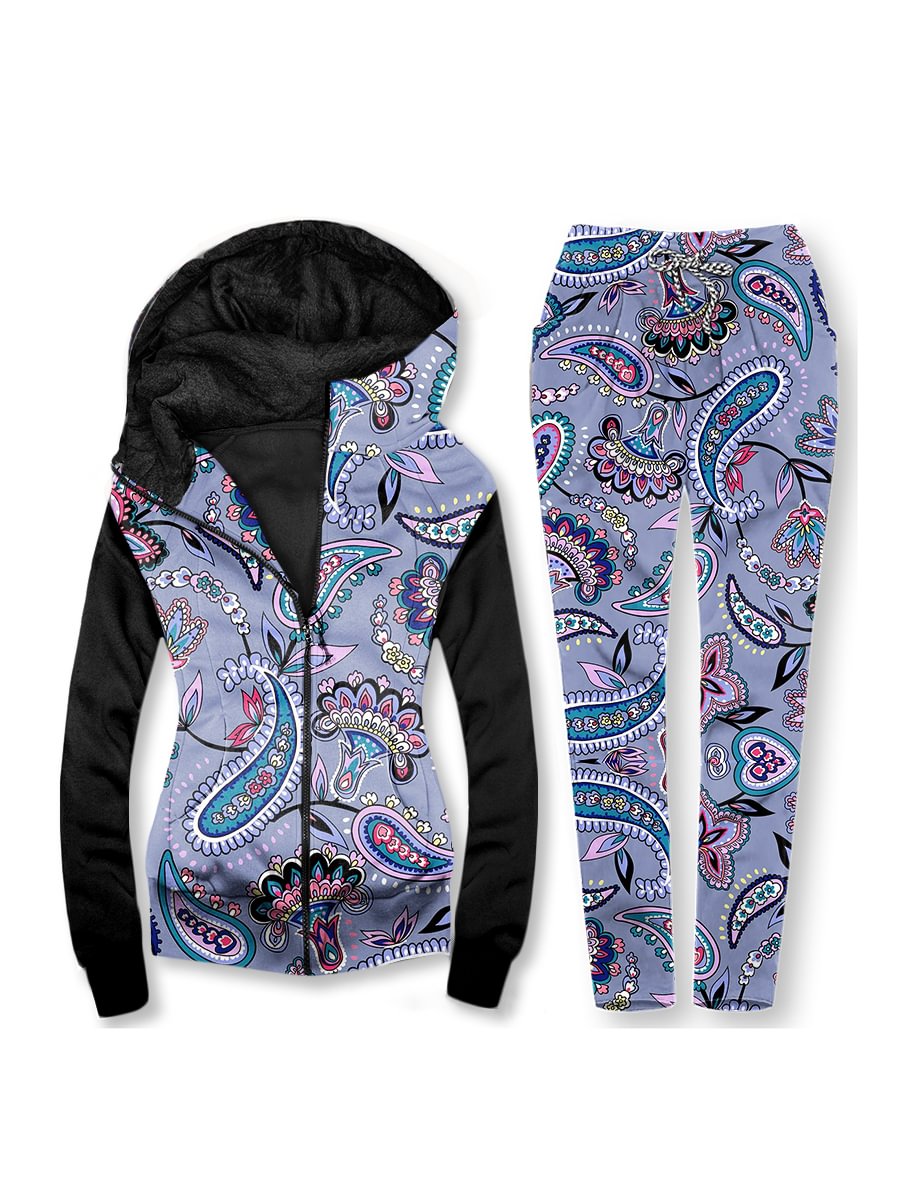 Women's Contrast Print Casual Hoodie Set