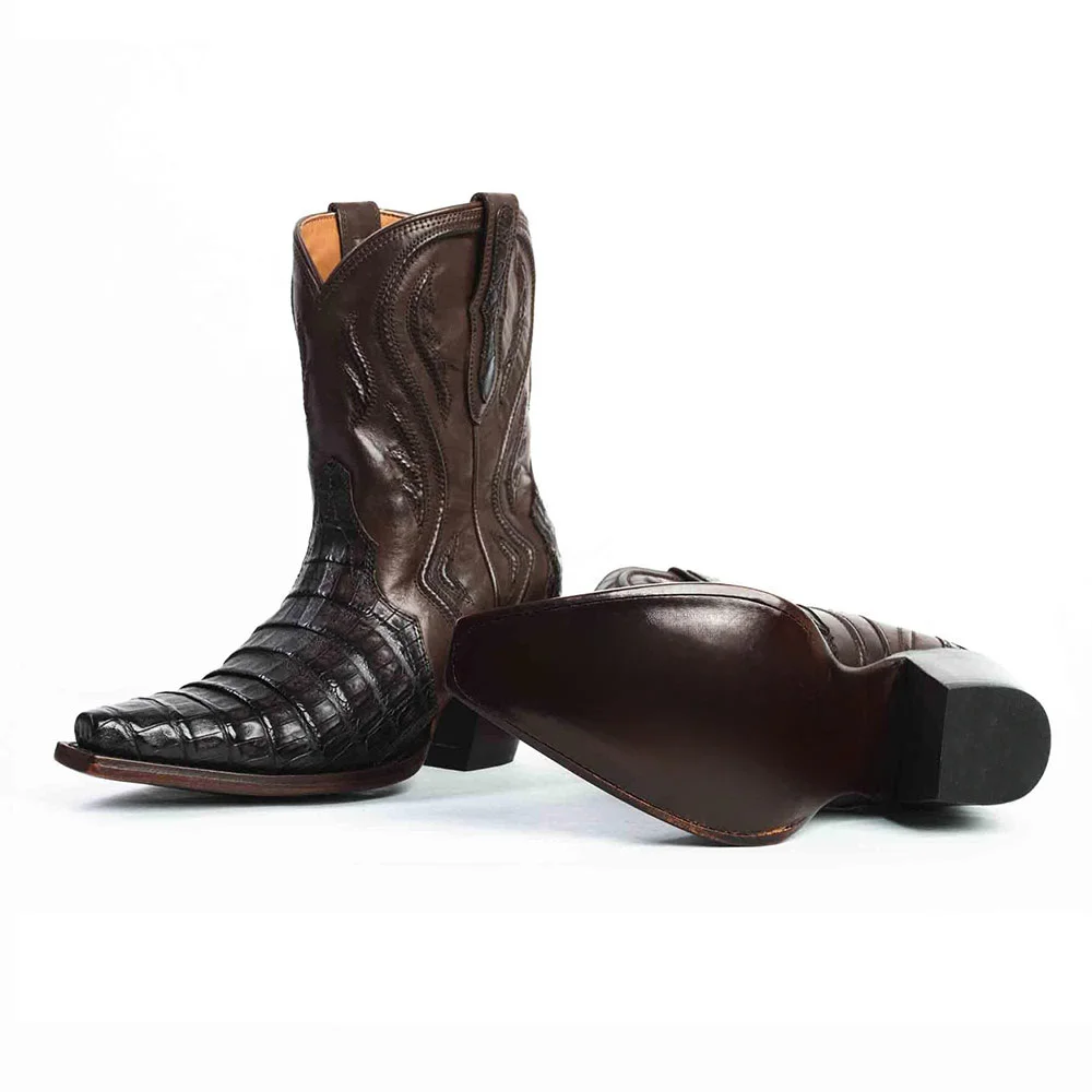 Brown Chunky Heel Croc Embossed Stitch Western Boots for Women