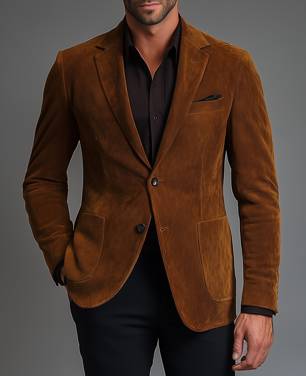 Okaywear Business Suede Notched Lapel Two Button Pockets Blazer