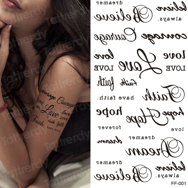 fake tatoo letter black english words tattoo lettering heart minimalist tattoo sticker for women mens girls body art hand back