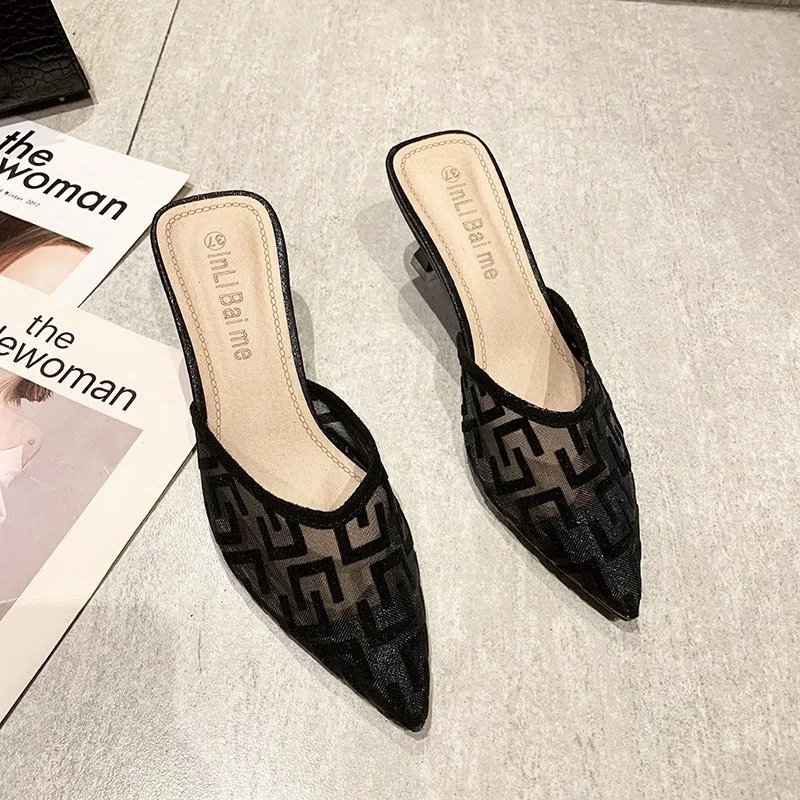 Breakj Breakj Half Slippers Women Wear 2024 New Summer Mesh Tips High Heels Fine Heel Temperament Cool Slippers Women