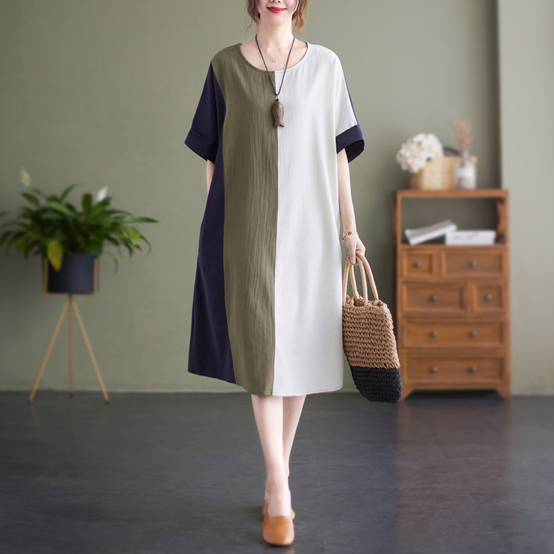 超人気 配色 ゆったり ファッションコーデ お出かけ デート半袖 おすすめ服 切り替え カジュアルワンピース