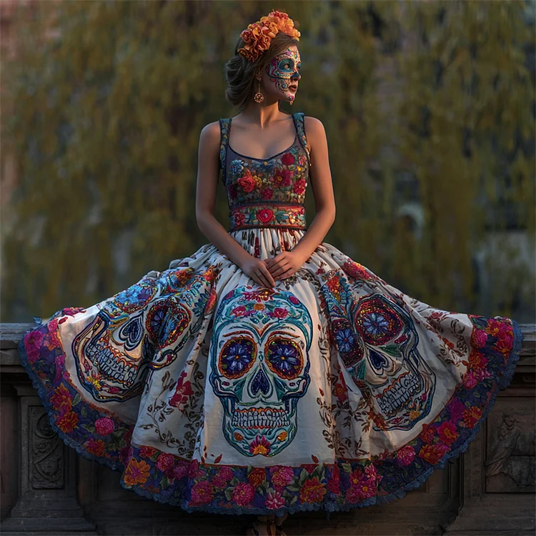 Day Of The Dead Sugar Skulls Floral Embroidered Linen Maxi Dress