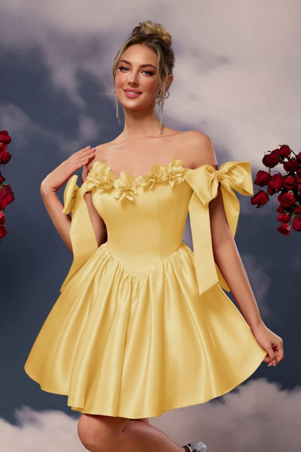 Ovlias Gold Off-Shoulders Homecoming Dress Pleated with Bow Knot HC0171