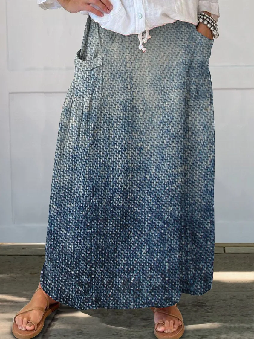 Women's Gradient Color Denim Texture Casual Print Linen Pocket Skirt