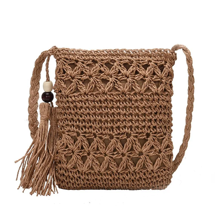 Solid Color Tassel Shoulder Handbags Women Woven Satchel Bags (Light Brown)