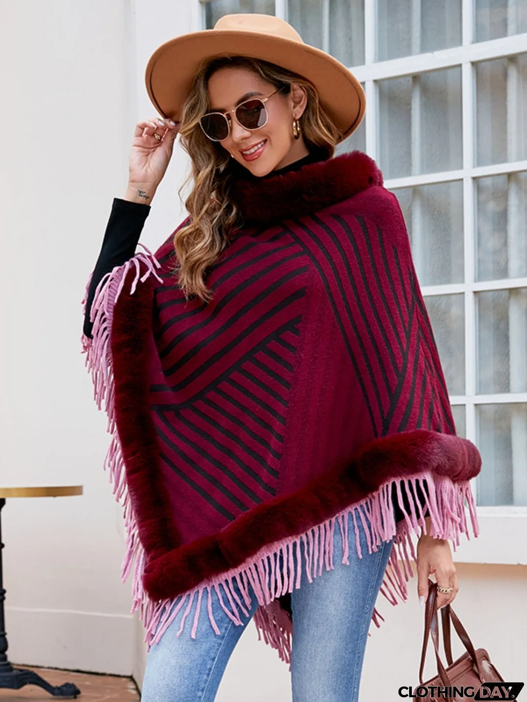 Striped Fringe Hem Poncho