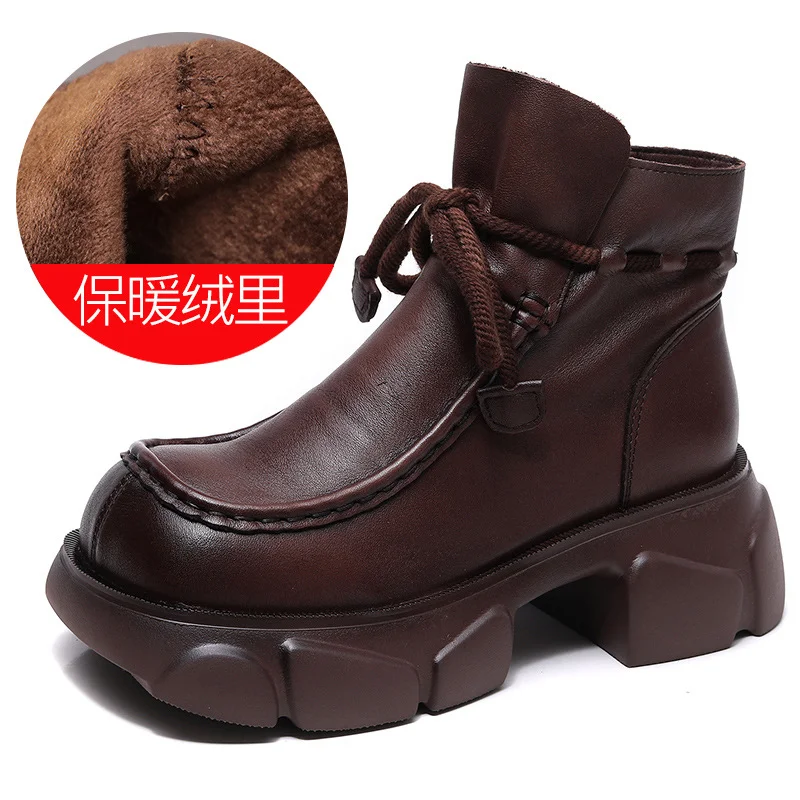 Yyvonne Head-Level Kraft Handmade Pine Cake Boots Women Autumn And Winter New Naked Boots Thick And Square Head Martin Boots