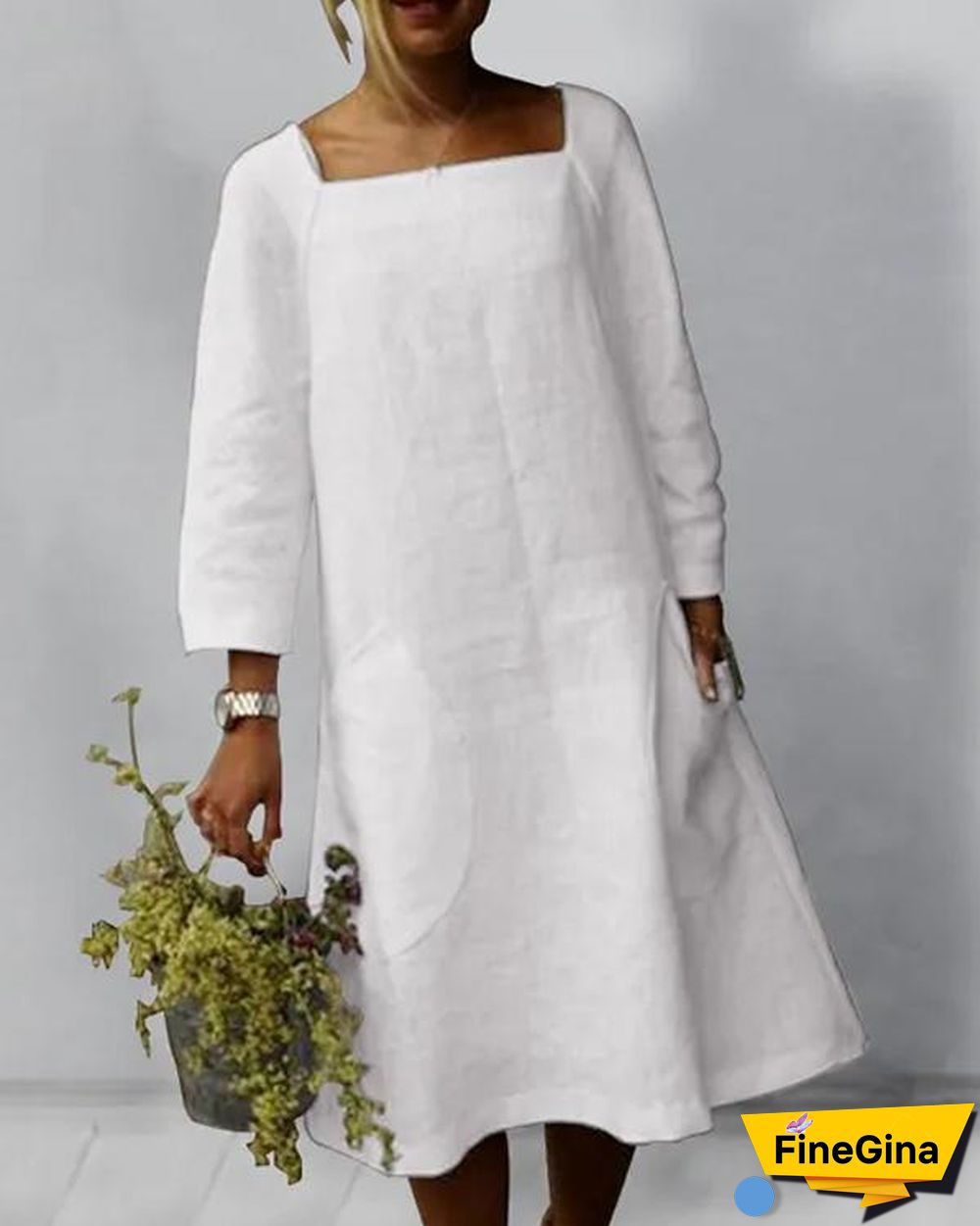 Boat Neck 3/4 Sleeve Cotton Dress