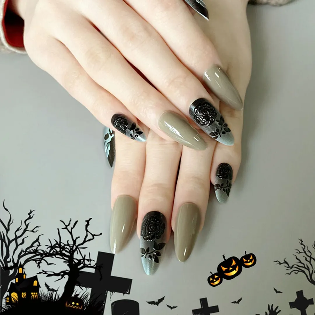 24Pcs Halloween Pattern Detachable Almond False Nails Medium-long Fake Nails Full Cover Nail Tips Press On Nails Manicure Tool