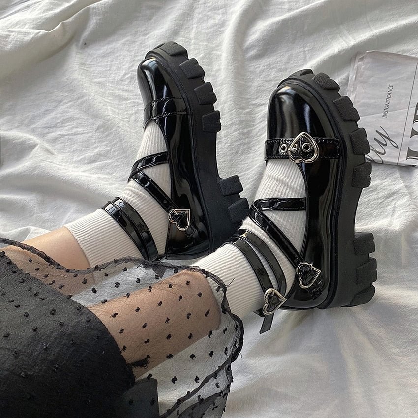 Sweet Lolita Shoes Platform Round Head Thick Heel Cross Bandage Women Shoes Kawaii Shoes Cosplay Mary Jane Shoes Heart Buckle