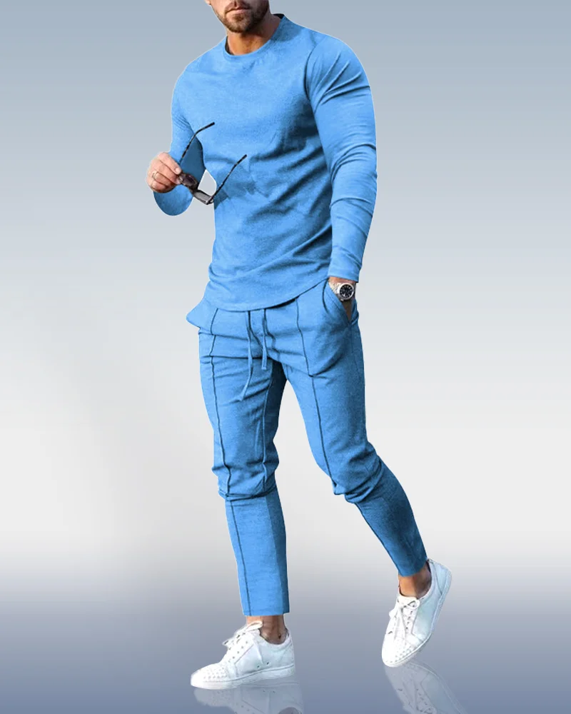 Men's light blue Crew Neck Casual Sports Suit