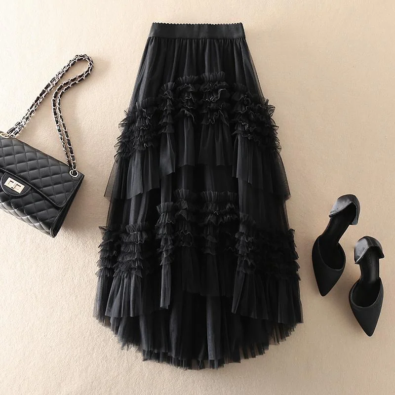 Korean Fashion Elegant Folds Mesh Skirt Woman Clothes 2022 Spring New Irregular Ball Gown Elastic High Waist Cupcake Midi Skirt