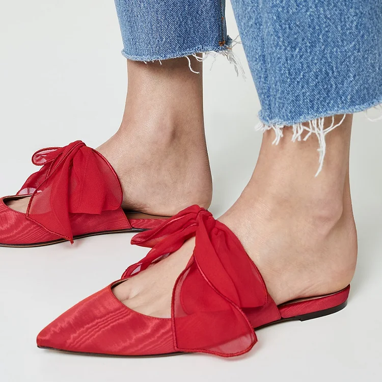 Red Pointed Toe Mesh Bow Embellished Flat Mules |FSJ Shoes