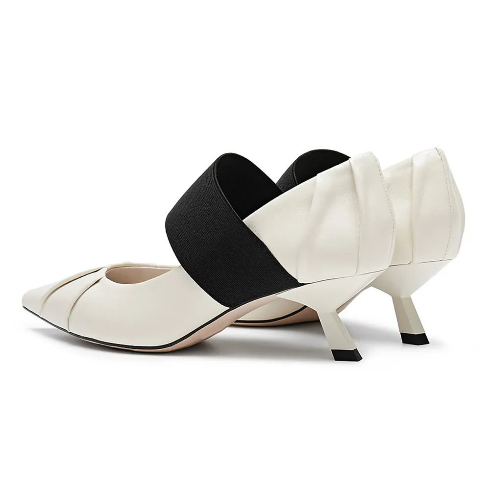 White Pointed Toe Pleated Mary Jane Heels with Elastic Band