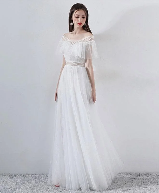 White A-Line Tulle Long Prom Dress, White Evening Dress