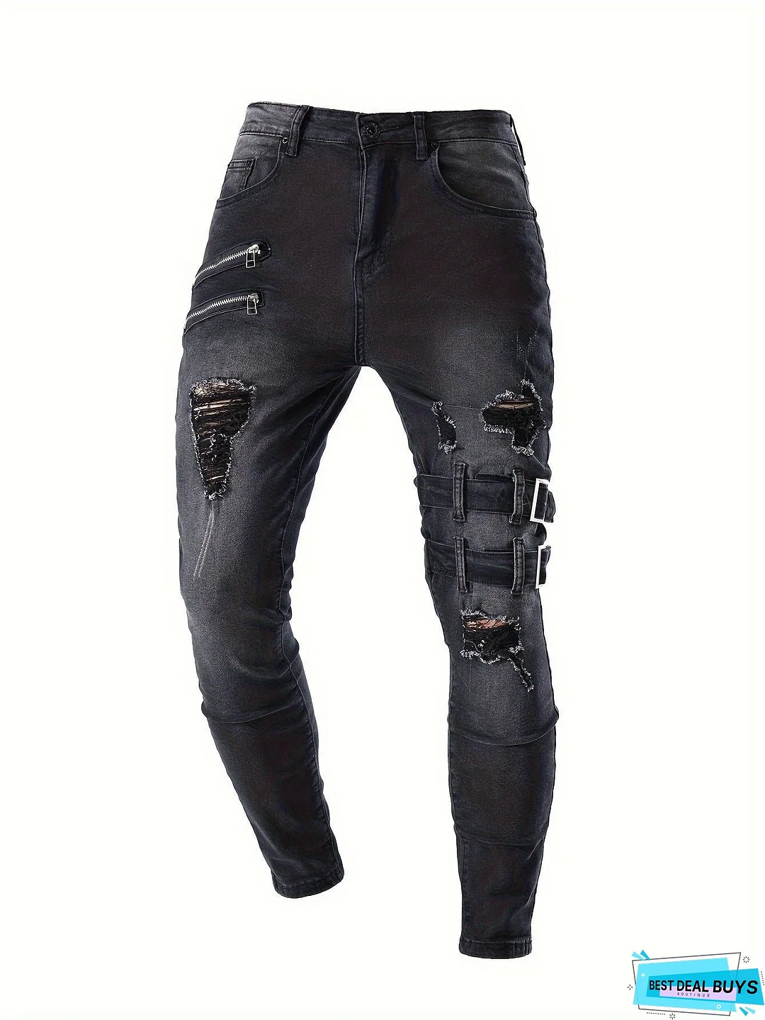 Men's Chic Skinny Biker Jeans, Casual Street Style Medium Stretch Denim Pants