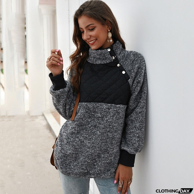 Sweatshirts Women Long Sleeve Patchwork Color Fahsion Autumn Winter Pullover Black Ladies Plush Warm Tops Clothing