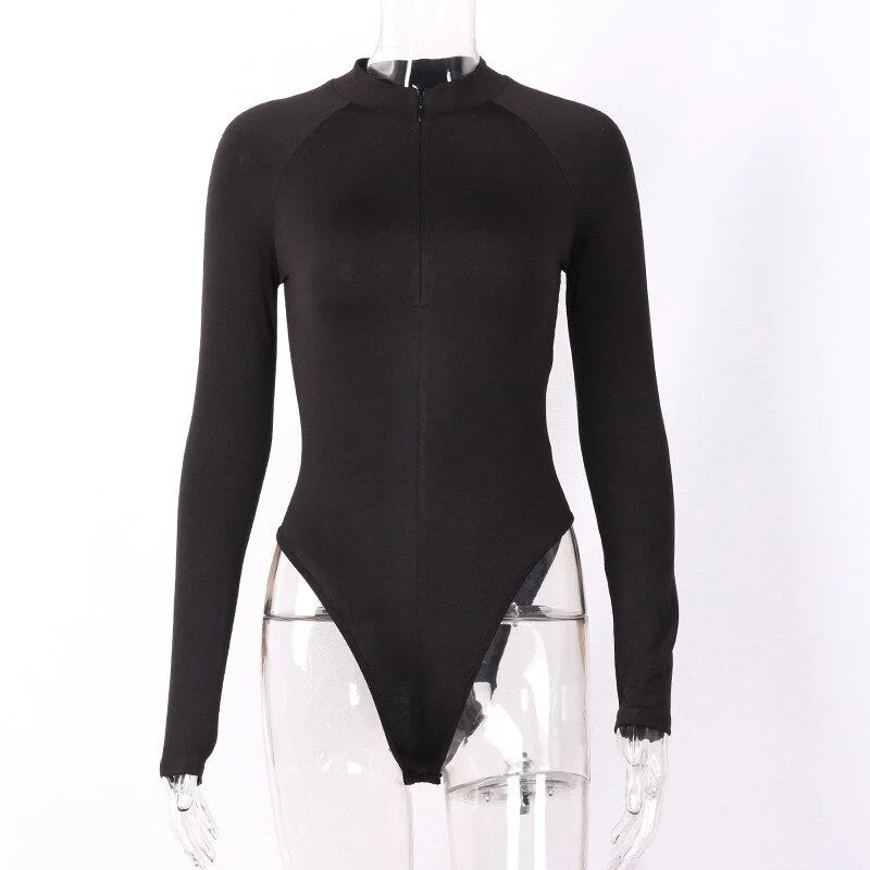 Long sleeve Bodysuit Female 2021 Spring Bodycon Women's V-neck Zip Up Stretch Bodysuits Sexy Female Outfits