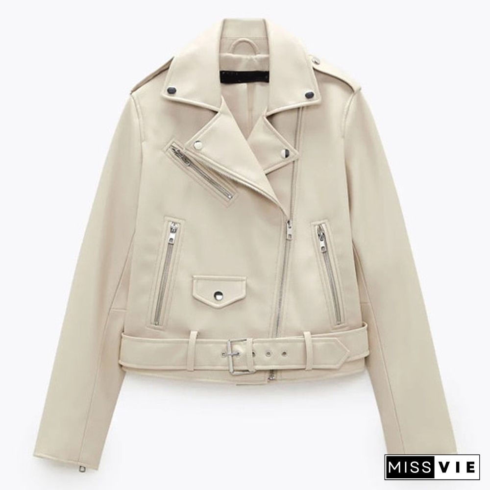 Spring Autumn Women Fashion Blue Black Faux Leather Jacket Solid Zipper With Belt Biker Coat Female Casual Outwear Ladies