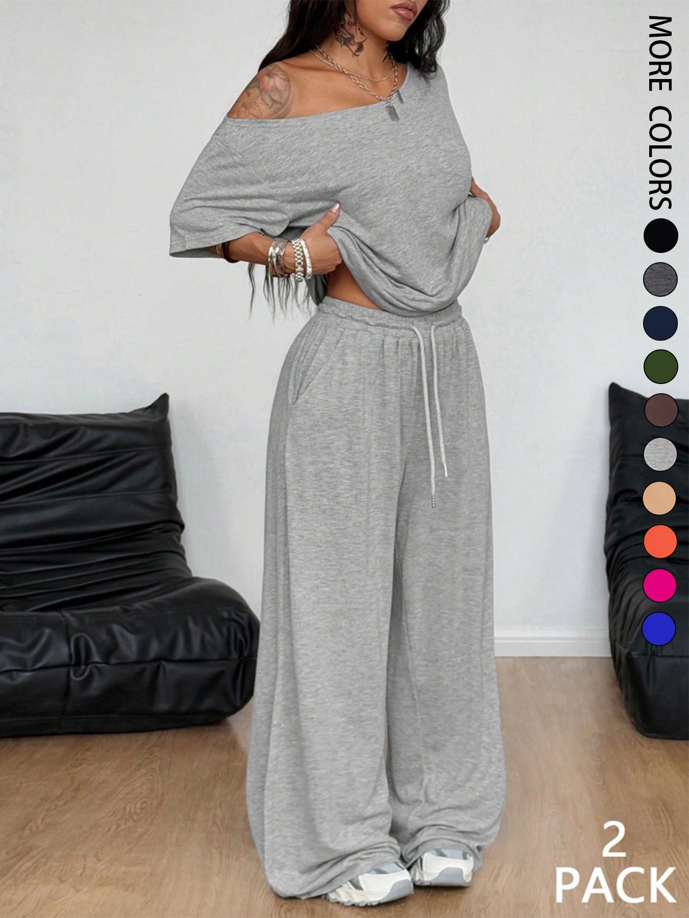 2pcs/Set Women's Minimalist Basic Casual Daily Wear Everyday Going Out Sport Comfortable Baggy Off Shoulder T-Shirt And Wide Leg Pants Two Pieces Outfits