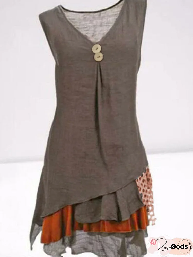 Casual Sleeveless With Button Cotton-Blend Dresses
