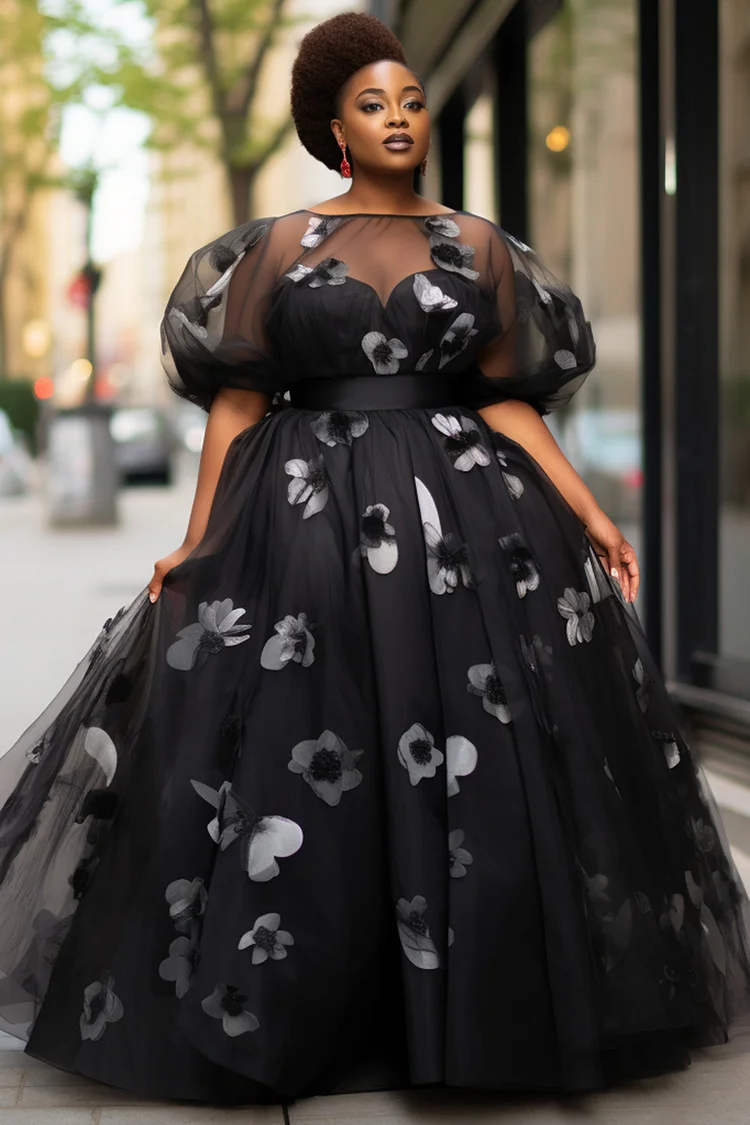 Xpluswear Design Plus Size Formal Black Floral Boat Neck Puff Sleeve Short Sleeve See Through Elegant Tulle Maxi Dresses [Pre-Order] 2024 - Xpluswear