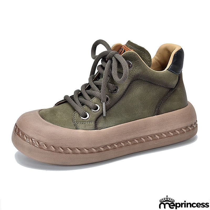 Genuine Leather Retro High Top Thick-soled  Lady Shoes